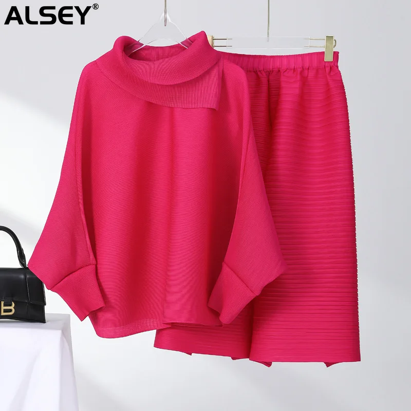 ALSEY Miyake Pleated Suit Set for Women Spring New Solid Color Lapel Top Fold Wide Leg Pants Two-piece Set Loose Casual Sets