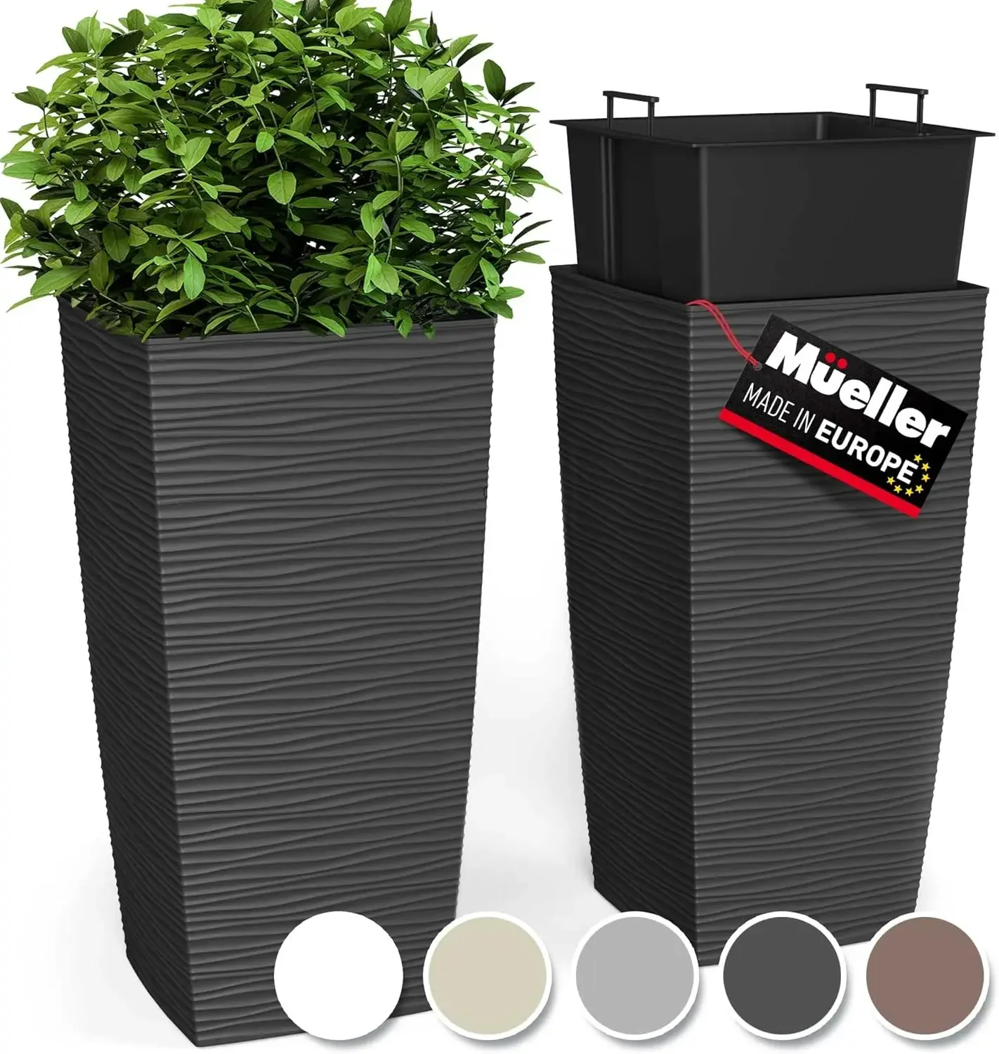 M-Resin Heavy Duty Tall Planter, Indoor/Outdoor Grande Plant, Tree, Flower Pot, 2-Piece Set, 24”,Modern Design,Built-in Drainage