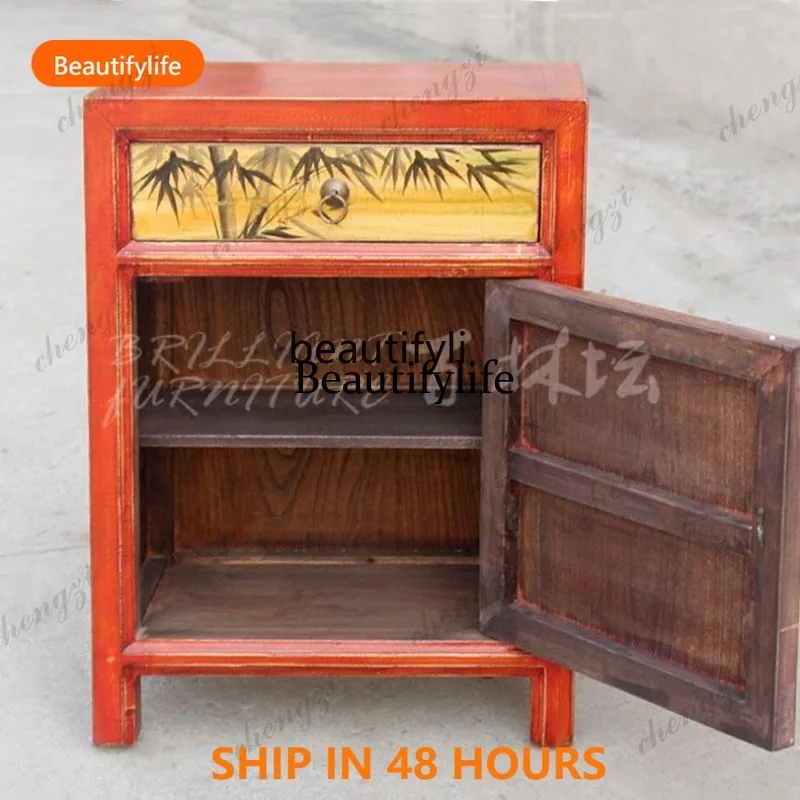 03 Chinese antique bedside table painted retro decoration hand painted classical storage cabinet bedroom lacquer painting