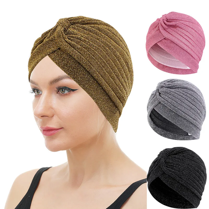 Glitter Women Turban Hat Elastic Pleated Headwrap Muslim Hijab Caps Soft Fashion Headwear For Women Hair Loss