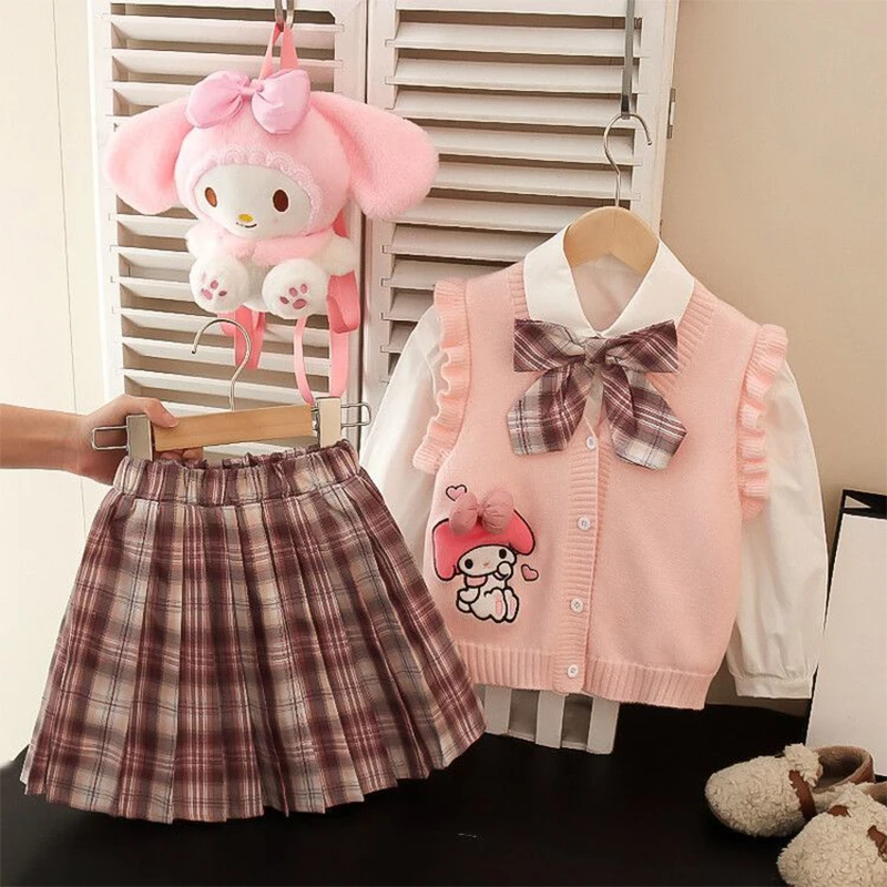 

3 2Pcs Sanrio Kawaii Kuromi My Melody Girls Jk Set Anime Pleated Skirt Cartoon Cute Children Sweater Dress Tide Gift for Kids