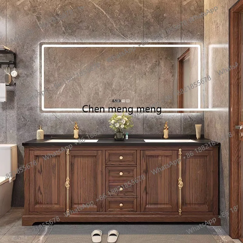 

New Chinese red oak paint floor-to-ceiling bathroom cabinet combination retro washbasin smart storage mirror
