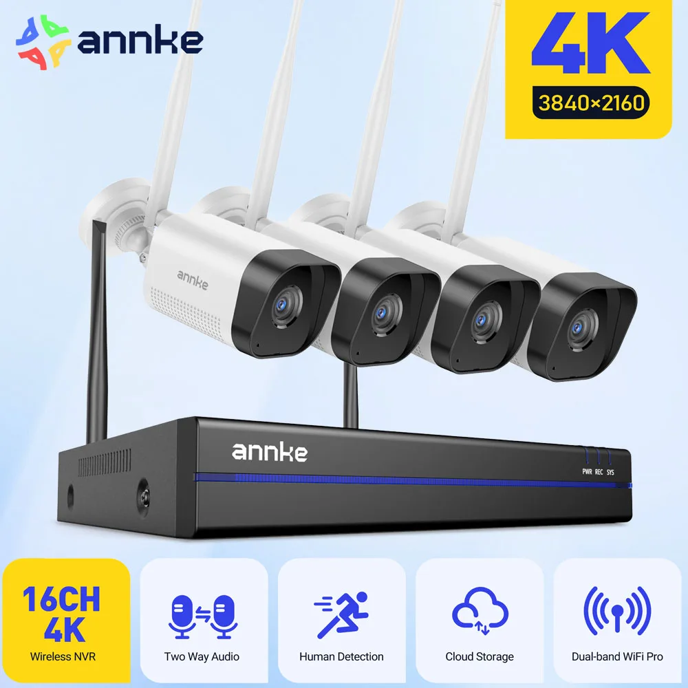 ANNKE Sistema di sicurezza NVR wireless da 8 MP Accesso Wi-Fi H.264 + Video NVR da 16 canali Telecamera IP per visione notturna con rilevamento del movimento vocale bidirezionale