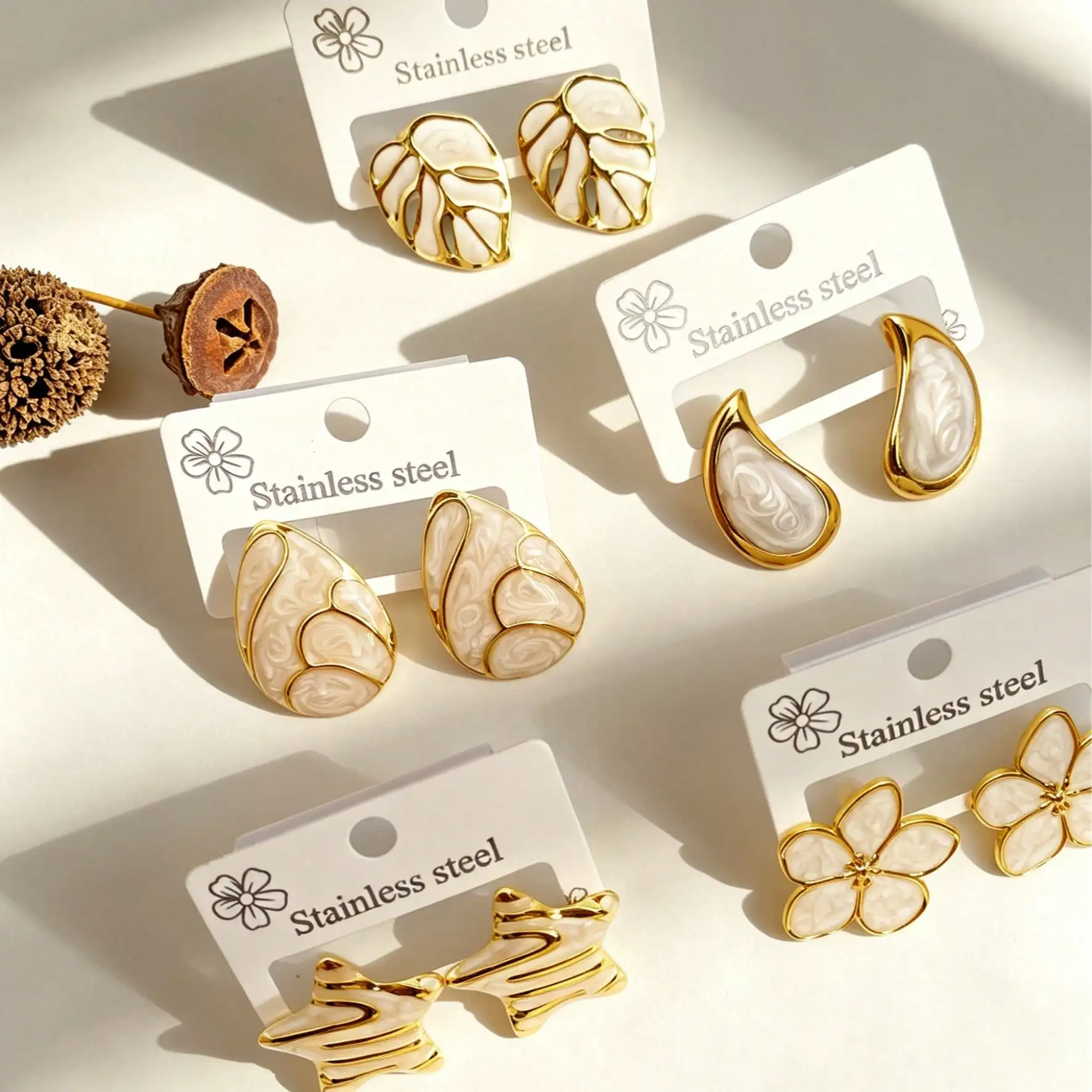 5 Pairs Stainless Steel Gold Plated Enamel Stud Earrings Set for Women, Flower Leaf Star Teardrop Jewelry Gift