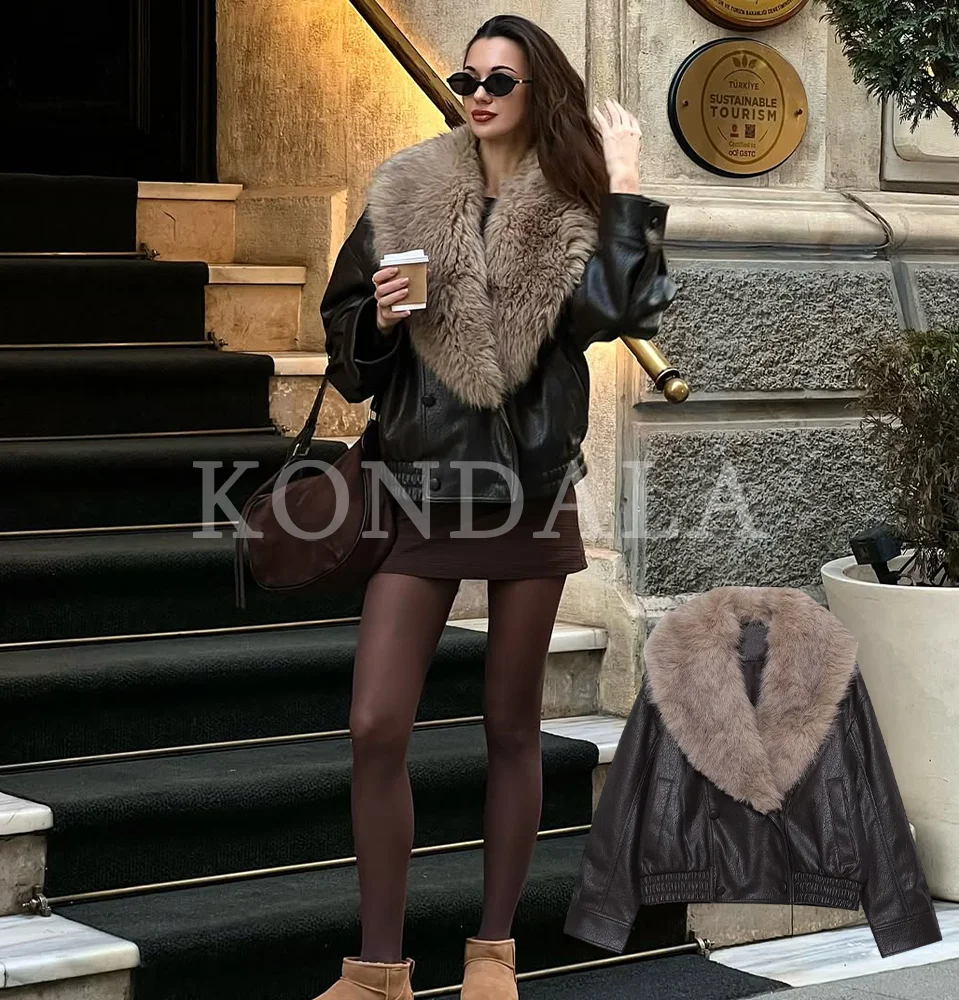 

KONDALA High Street Vintage Leather Jacket Women Faux Fur Collar Jacket Coat 2025 Fall Winter Fashion Women Trendy PU Jacket