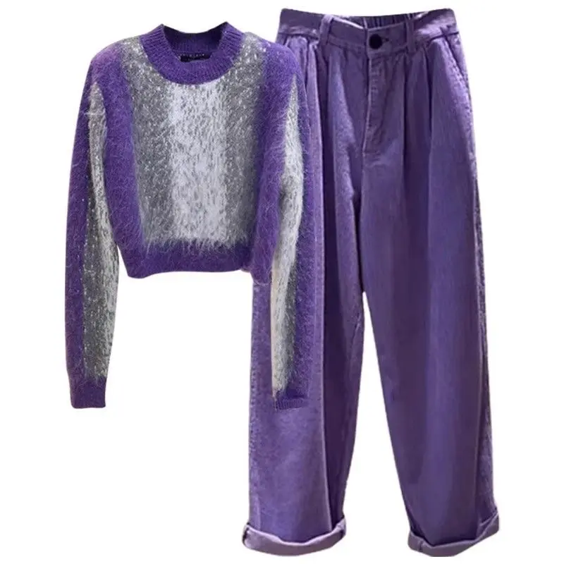 Korean Style Autumn Purple Knitted Sweater Pullover Casual Harun Pants Two Piece Elegant Women\'s Pants Set Street Set