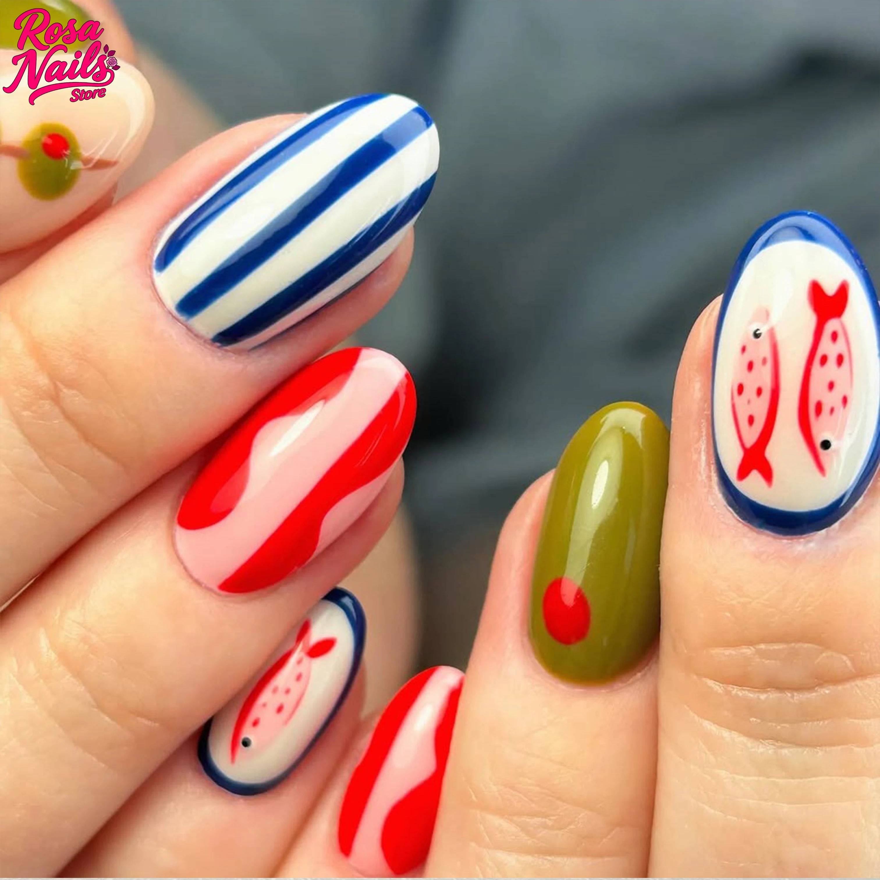 

Blue Stripe False Nails European Summer Hand Painted Fish Red Green Short Nail Art Press ons Fake Nail Handmade Press on Nails