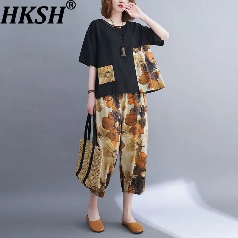 

HKSH Women Two-piece Set Oversized O-neck Short Sleeves Printed T-shirt Elastic Waisted Casual Cropped Pants Summer 2026 HK21181