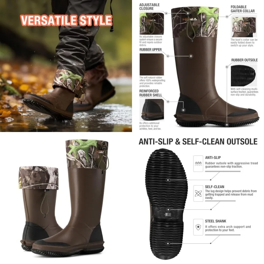 

HISEA Men's Rubber Rain Boots, Waterproof Lightweight Mud Boots with Adjustable Gaiter Collar, Comfortable Tall Garden Shoes fo