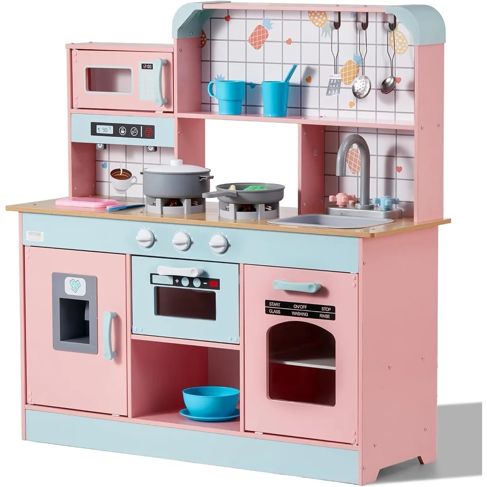 Wooden Play Kitchen Toy, Play Kitchen for Kids with Lights and Sounds, Toddler Kitchen with Ice Maker, Oven, Sink, Microwaves