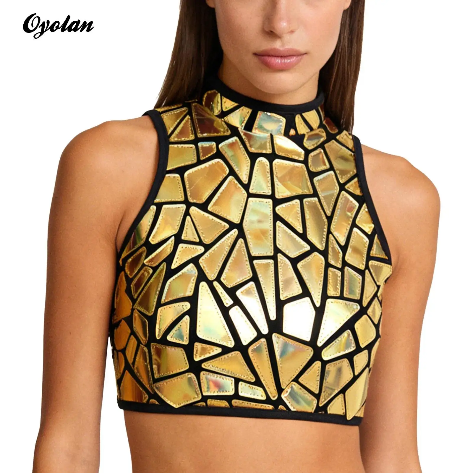 Womens  Iridescent Mock Neck Back Zipper Crop Vest Holographic Print Shiny Tank Top Sequins Stage Costume Rave Party Clubwear