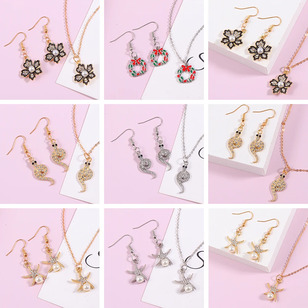 3Pcs/Lot Fashion Personality Sweet Flowers Starfish Snake Earrings Necklace Set Creative and Interesting Alloy Pendant Jewelrys