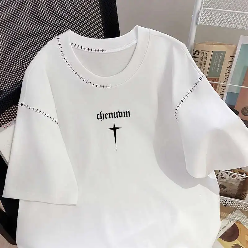 

Man T-shirt Trendy Embroidered Design Short Sleeve Unisex Summer Oversized Versatile Half Sleeve Design Couple T-Shirt