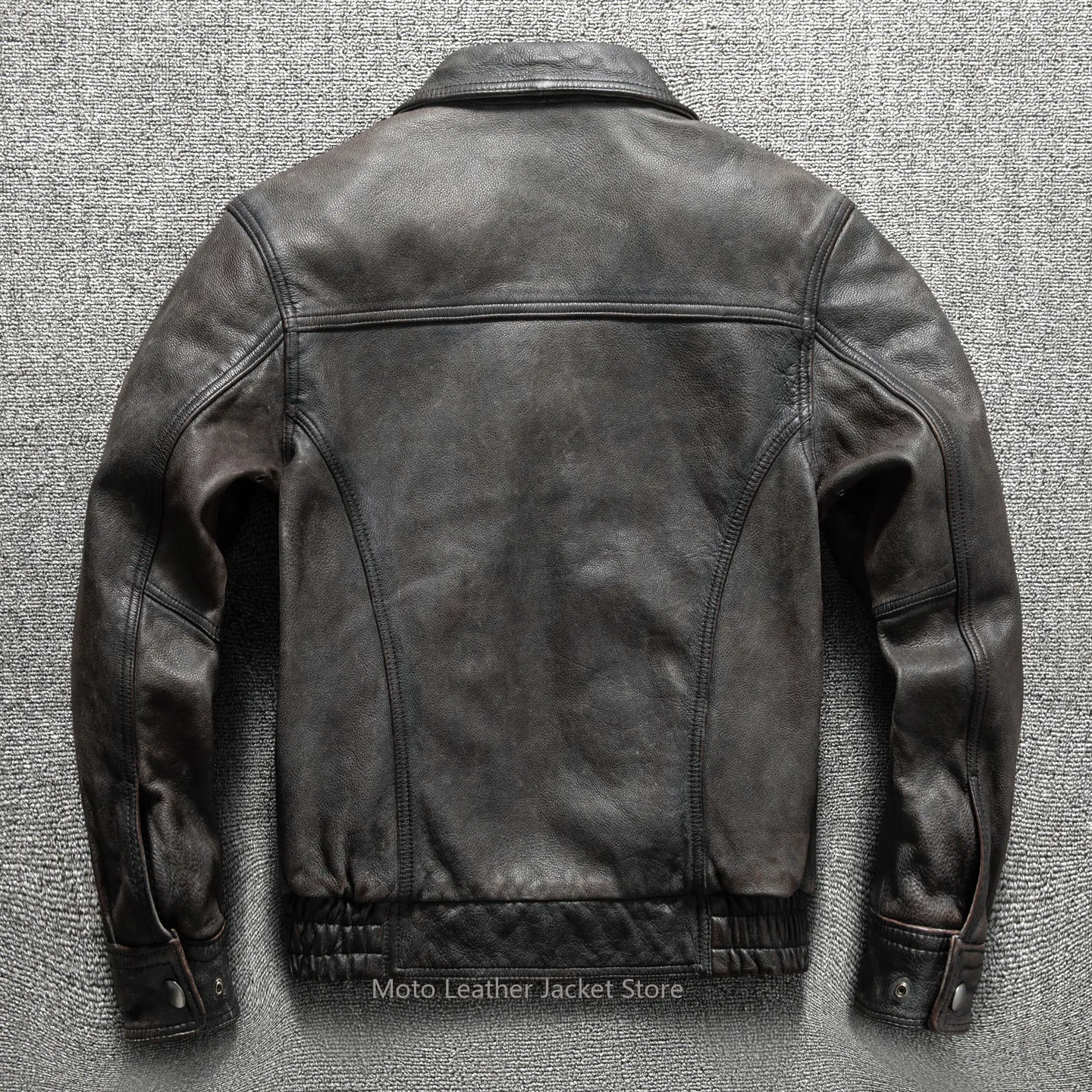 Men's Black Gray Vintage Distressed First Layer Cowhide Genuine Leather Jacket Hong Kong Style Amekaji Plus Size Flight Coat - view 2