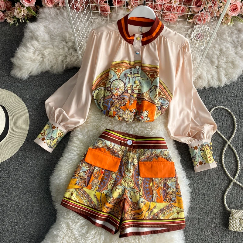 

Female Summer Palace Princess Suit Top Blouse Shirt Short Set Vintage Luxury Print Design Trendy Outfit Lady Elegant Chaming Set