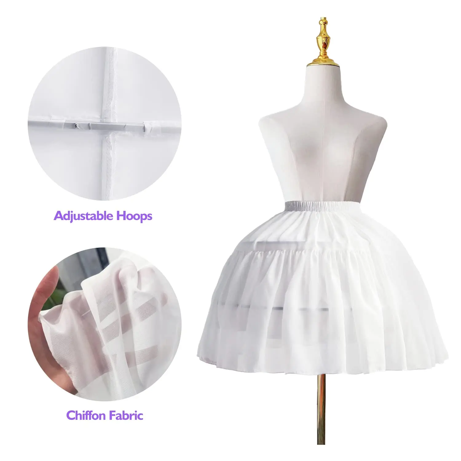 Women Girls Lolita Crinoline Petticoat Chiffon Ball Gown Short 2 Hoops Underskirt for Cosplay Big Hem Dress White