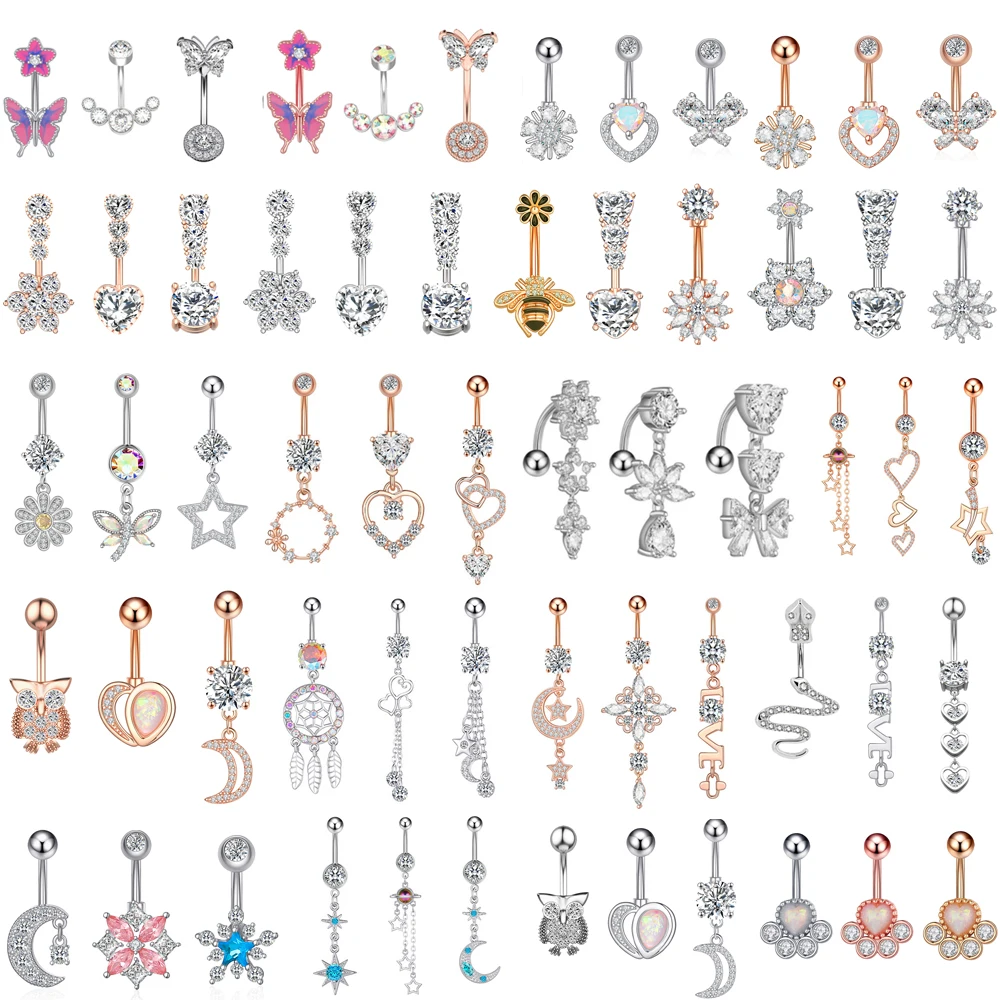 Mixed-Style Belly Piercing Sets 14G Dragonfly Butterfly Heart Flower Curved Navel Rings Stainless Steel Belly Piercing Jewelry