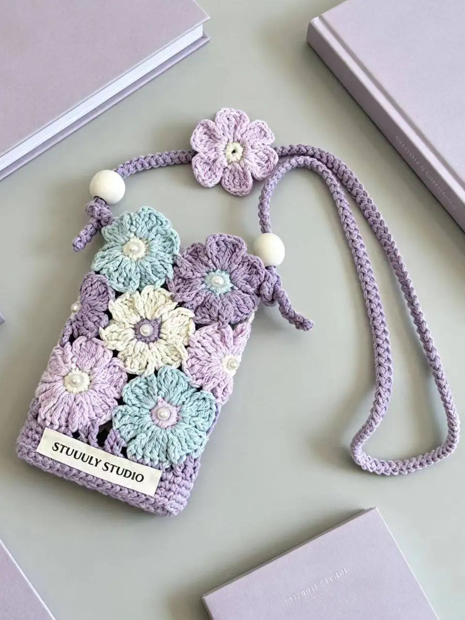 Crochet Flower Phone Bag DIY Kit Hollow Cotton Yarn Hand Knitting Material Pack Women Floral Crossbody Mobile Phone Pouch