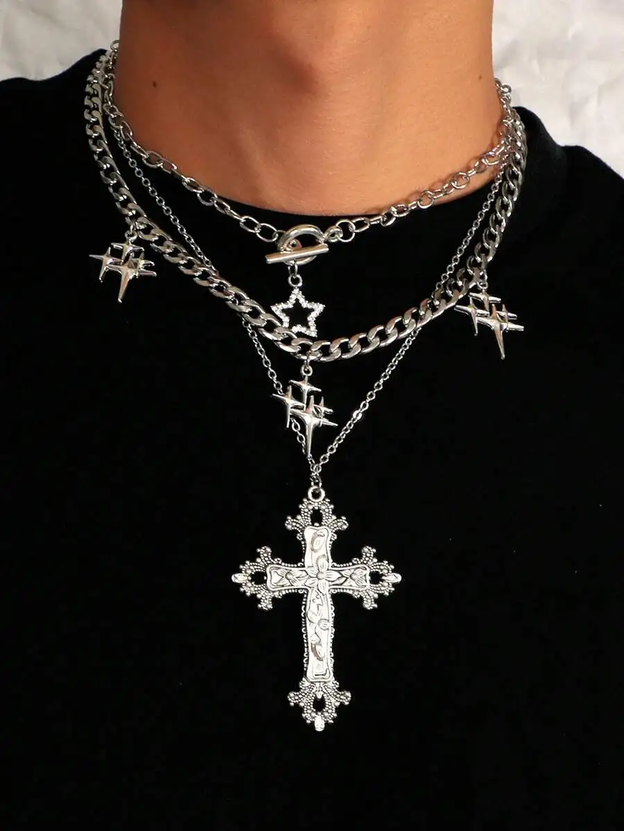 3pcs Gothic Style Rhinestone Star Cross Curb Chain Necklace Set For Men