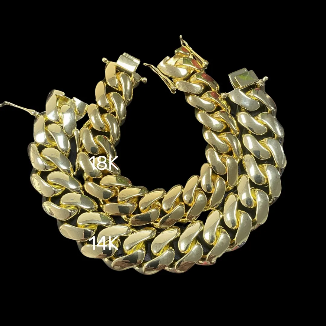 

14-каратное 18-каратное позолоченное латунь 10–25 мм, кубинская цепочка-браслет, ожерелья, тяжелые однотонные кубинские цепочки в стиле Майами, ожерелье в стиле хип-хоп для мужчин