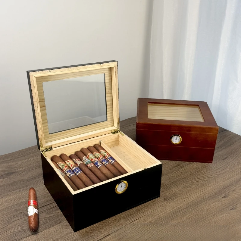 مرطب سيجار خشبي قابل للطي مع مقياس رطوبة، صندوق تخزين مكتبي مكون من طبقتين، خيارات ألوان باللون الأسود والبني #1