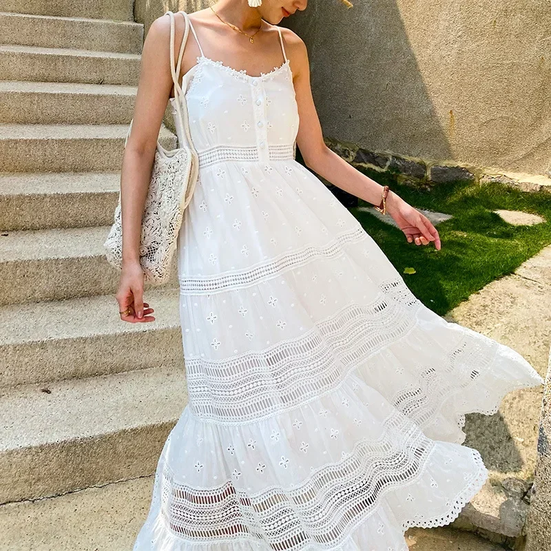 WildPinky Bohemian 100% Cotton White Beach Dress V Neck Spaghetti Strap Long Dress Sleeveless Summer Women Vacation Clothing