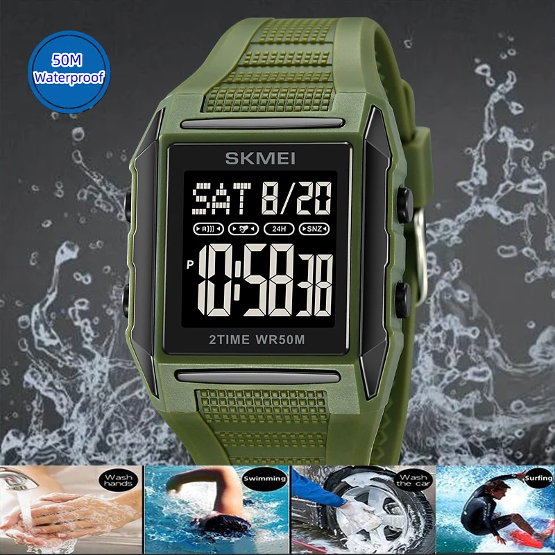 Skmei Mens Digital Sports Watches Fashion TPU Strap Waterproof LED Chronograph Alarm Clock Dual Time Zone Electronic Wristwatch