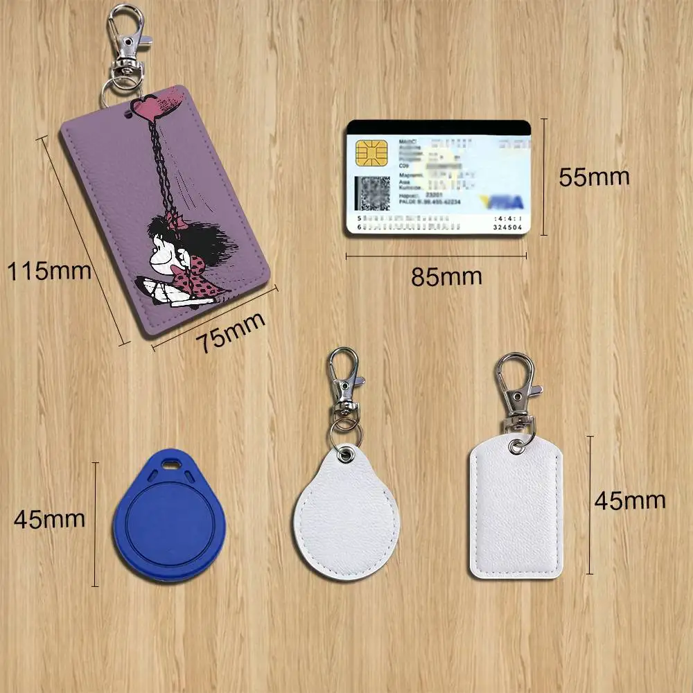 Art Felipe Mafalda Manolito  Rectangle ID Card Case Keychain Access Card Bag Key Tag Ring Leather Card Holder Key Ring Access
