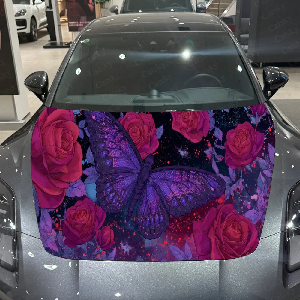 

Фиолетовая бабочка и красная роза, обертывания на капот автомобиля из ПВХ, самоклеящаяся водонепроницаемая наклейка на капот автомобиля, украшение автомобиля Protec