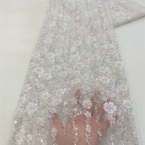 نسيج الدانتيل الأفريقي مع 3D زهرة مطرزة الترتر الخرز تول حزب اللباس عالية الجودة 2024 أعلى 12 مبيعات 3D النسيج - No5