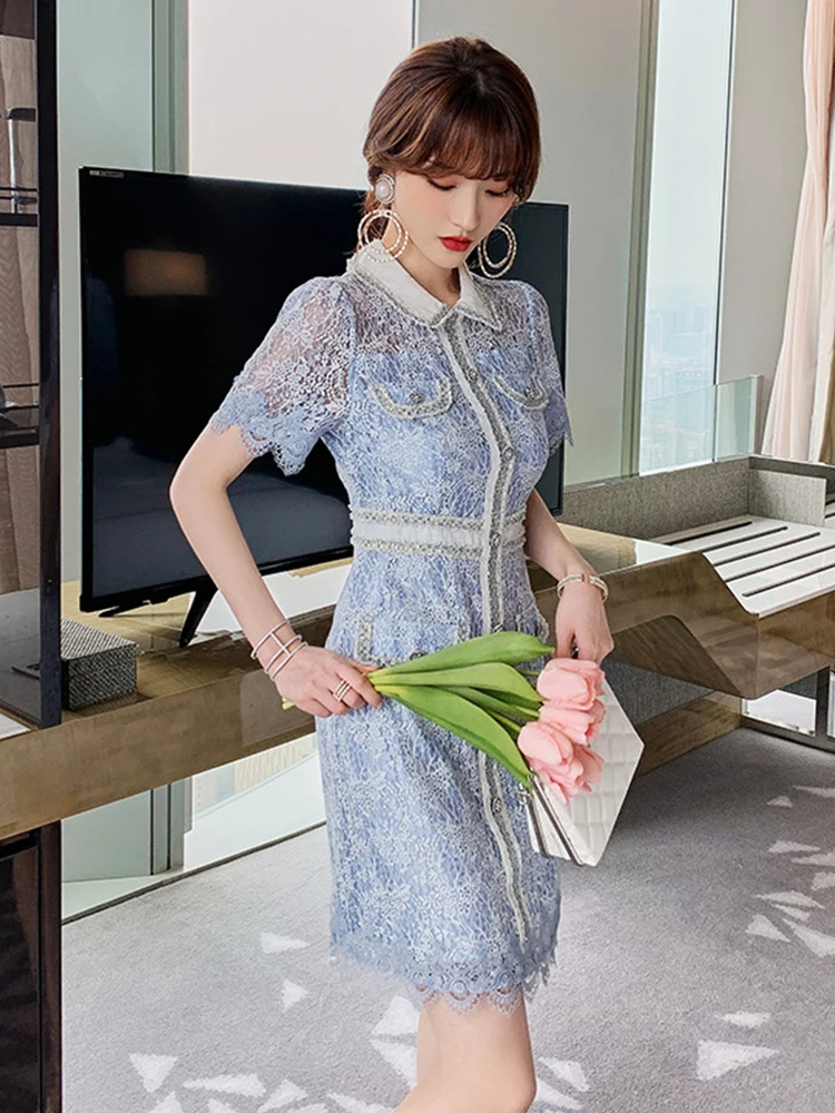 2023 Summer Mini Dress Women\'s Elegant Blue Lace Hook Floral Hollow Embossed Button Sequins Vestidos Mujer Office Party Clothes