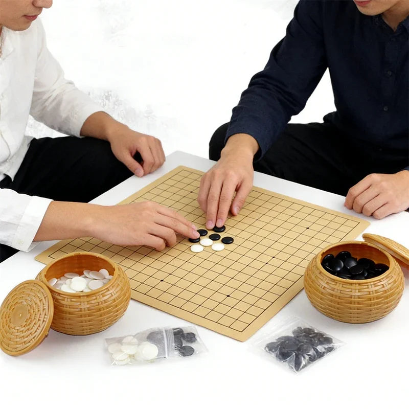 

Go Set Portable Weiqi Simulation Grass Woven Chess Box Black White Chess Piece 19x19 Faux Leather Chessboard Chess Games