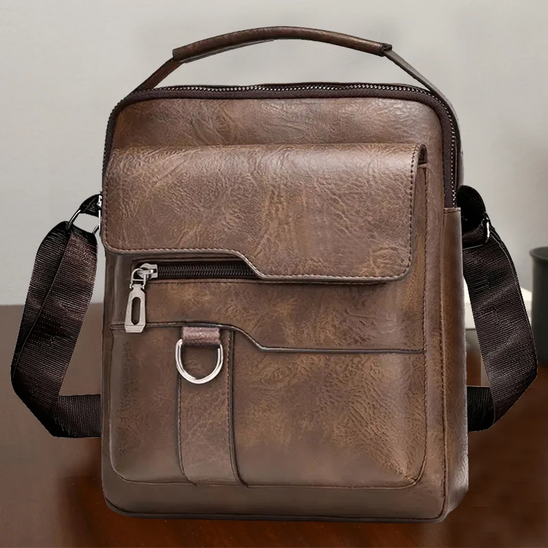 Men Vintage PU Leather Crossbody Bag, Trendy Vertical Shoulder Messenger Pack, Multi-pocket Handbag for Office & Travel gallery 1