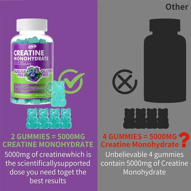 Creatine monohydrate gummies, used for muscle strength, energy boost, pre exercise supplement (60 tablets) - blueberry flavor