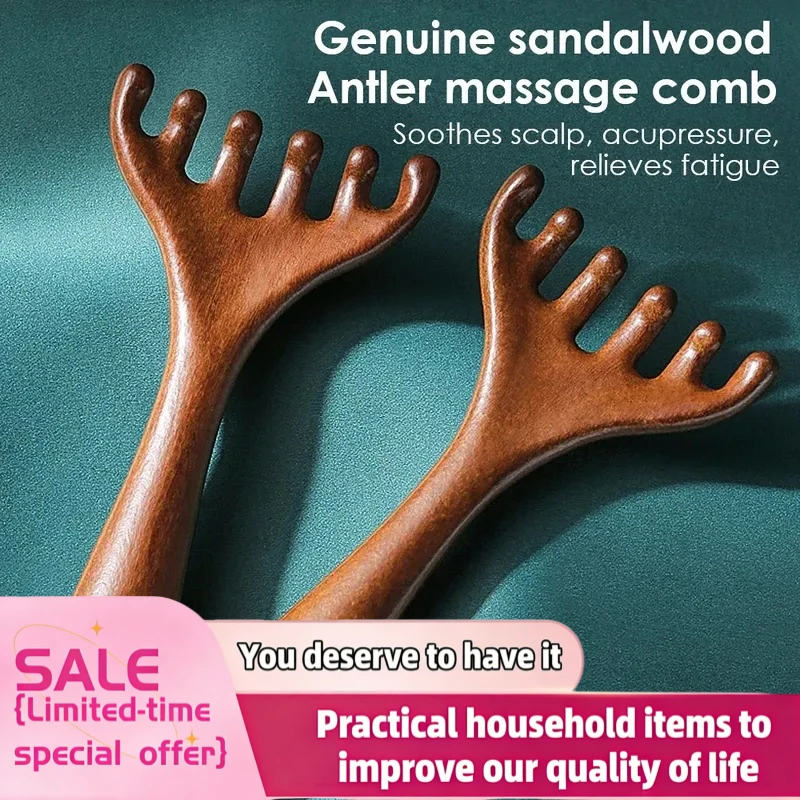 Masseur de cuir chevelu en bois de santal à cinq griffes, outil Gua Sha doré naturel, gratte-dos, peigne de massage manuel pour spa et soins capillaires