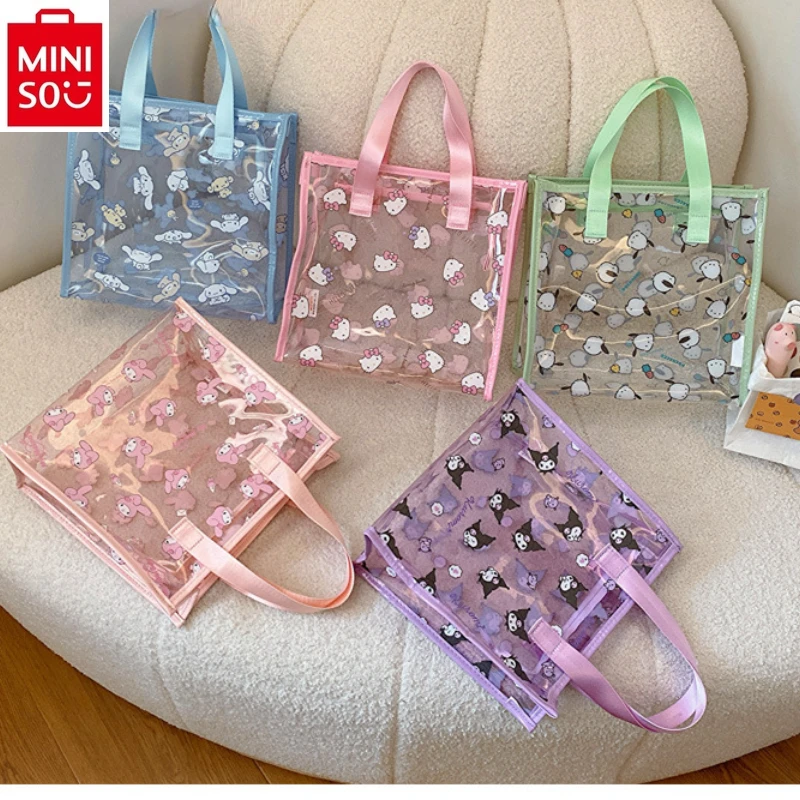 MINISO Sanrio Transparent Jelly Hello Kitty Tote Bag Women's Cartoon Kuromi Cute Sweet Large Capacity Storage Wash Beach Bag