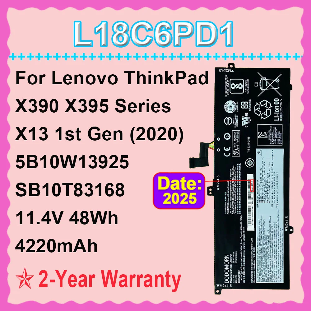 4220mAh For Lenovo ThinkPad X390 X395 X13 1st Gen(2020) Laptop Battery L18C6PD1 L18M6PD1 L18D6PD1 SB10T83168 5B10W13925 DODOMORN