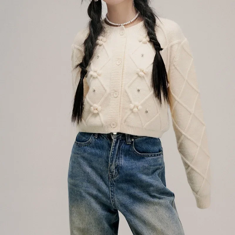 Retro Mori Sweet Sweater Women Fall Winter New Heavy Industry Beads Hand-embroidered Single-breasted Soft Waxy Knitted Cardigan