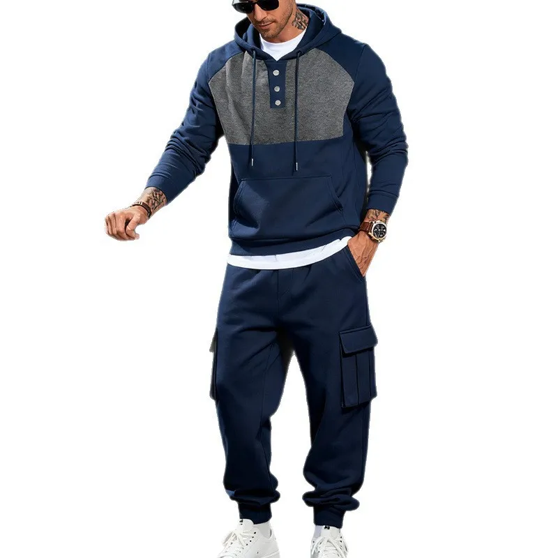 Men's Heavy-Duty Fleece Hooded Sweatshirt Set Warm Outdoor Workwear Simple Fashionable Embroidered Light Luxury American Style