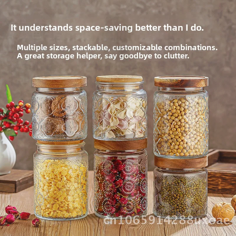 

Vintage Embossed Glass Bottle Storage Jar Acacia Wooden Lid Moisture-Proof Dried Fruit Candy Storage Tank Minimalist Modern