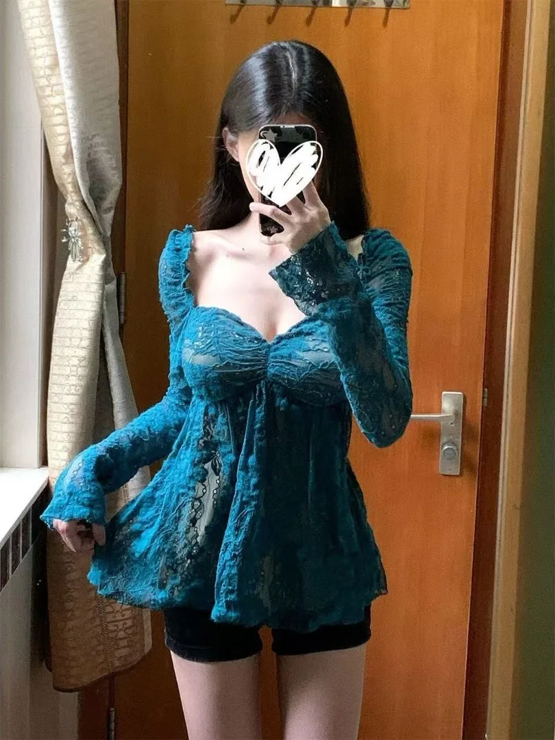 

Женская кружевная блузка Ele с квадратным вырезом, ажурная, с длинными рукавами, из смесового хлопка, модная, в стиле Lazy Girl, осенняя новинка