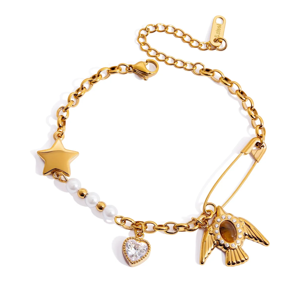 

Stainless steel 18K pearl tiger's eye stone flying bird bracelet, light luxury, high-end feeling, new product, jewelry for women