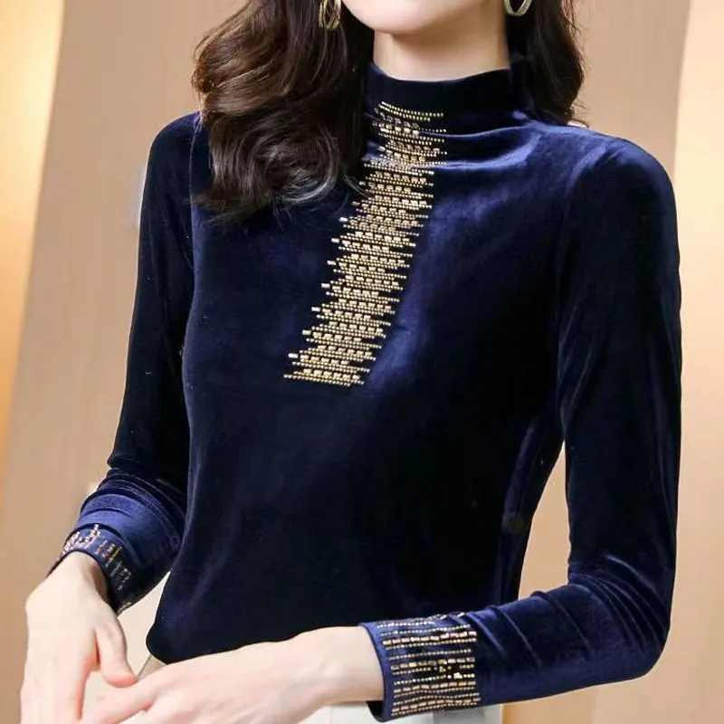 Female Clothing Vintage Solid Color T-shirt Autumn Winter Stylish Diamonds Long Sleeve All-match Half High Collar Pullovers 2025