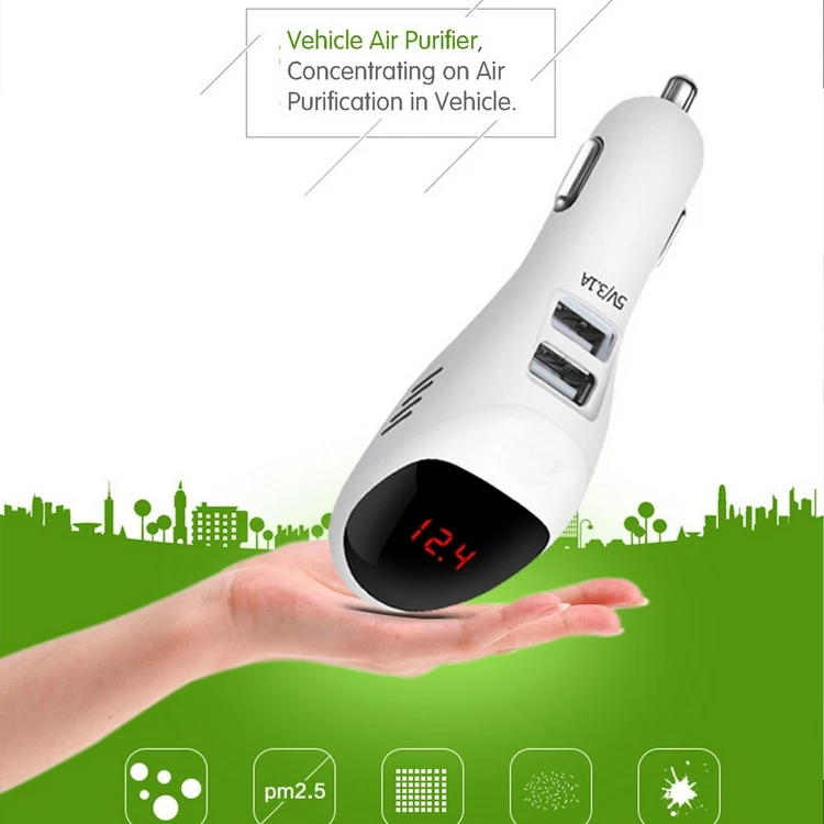 Mini Car Air Purifier 12V Auto Car Fresh Air anion Ionic Purifier Oxygen Bar Ozone Ionizer cleaner Dual USB Fast Charger