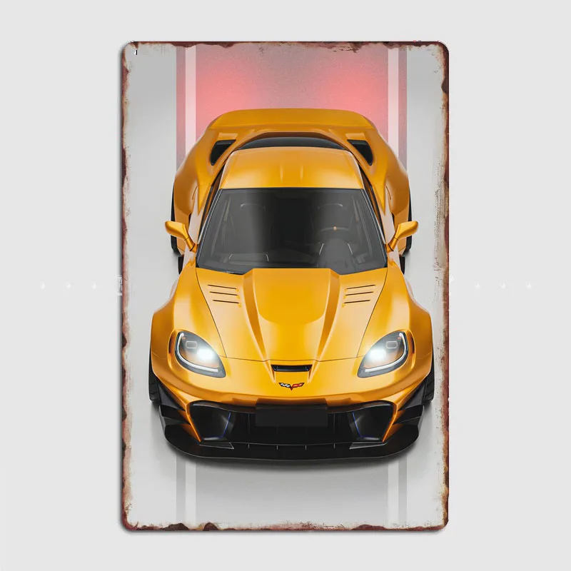 Yellow Corvette Classic Car Posters Metal Sign Poster Garage Living Room Cinema Living Custom Tin Vintage Home Decor