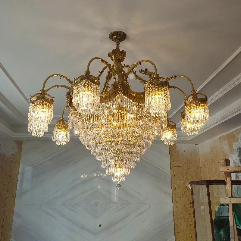 French pure copper crystal chandelier European atmosphere luxury palace villa living room dining room lamp bedroom retro lamps