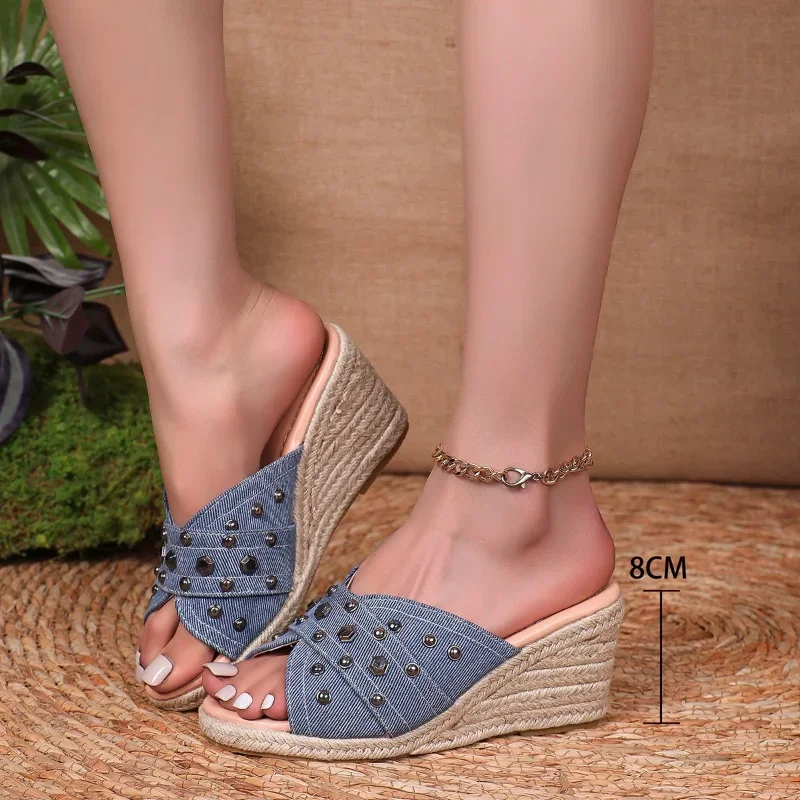 

Fashion Denim Chunky Wedge Sandals Women 2026 Rivets Decor High Heels Slippers Woman Peep Toe Thick Bottom Sandles Plus Size 43
