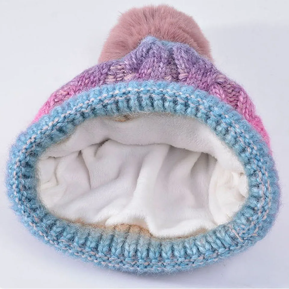 LOOGDEEL 1set/2Pcs Winter Warm Hat With Thick Velvet And Gradient Color Knitted Yarn Hat Windproof Pullover Hat Women