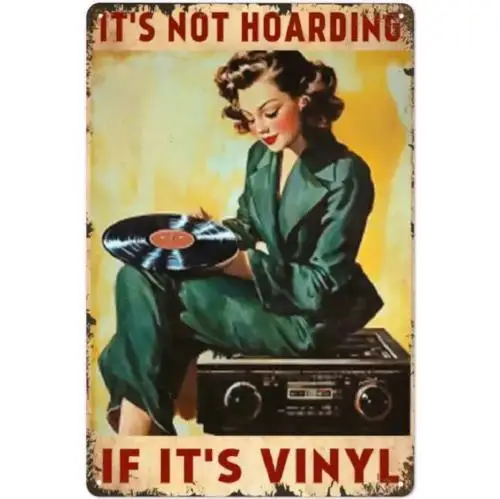 Distressed Metallschild mit Musikmotiv aus den 1950er Jahren, Vinyl-Schallplatten, Blechschild, Dekor aus Aluminium