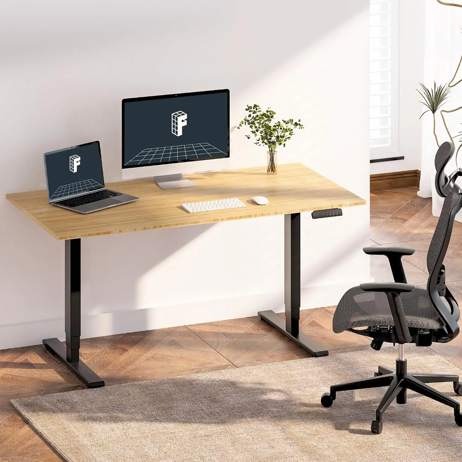 Bamboo Electric Standing Desk 48x24 Adjustable Height w/ Memory, Dual Motor 220 lbs, Black Frame, Customized